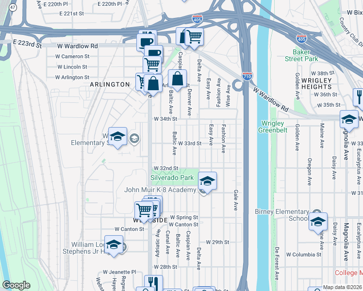 map of restaurants, bars, coffee shops, grocery stores, and more near 1504 West 33rd Street in Long Beach