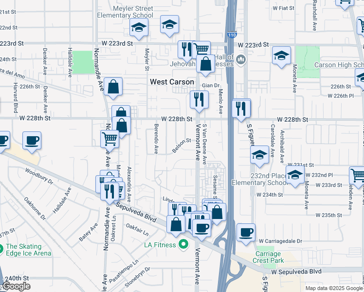 map of restaurants, bars, coffee shops, grocery stores, and more near 950 Belson Street in Torrance