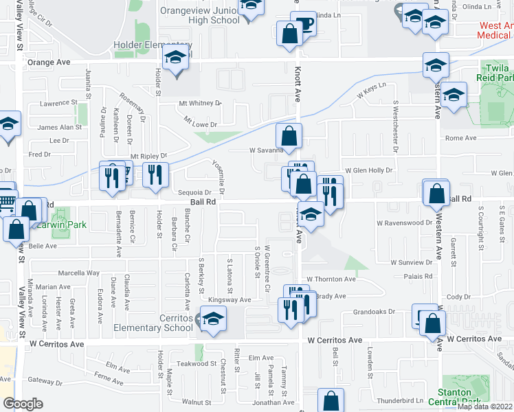 map of restaurants, bars, coffee shops, grocery stores, and more near 3626 West Ball Road in Anaheim