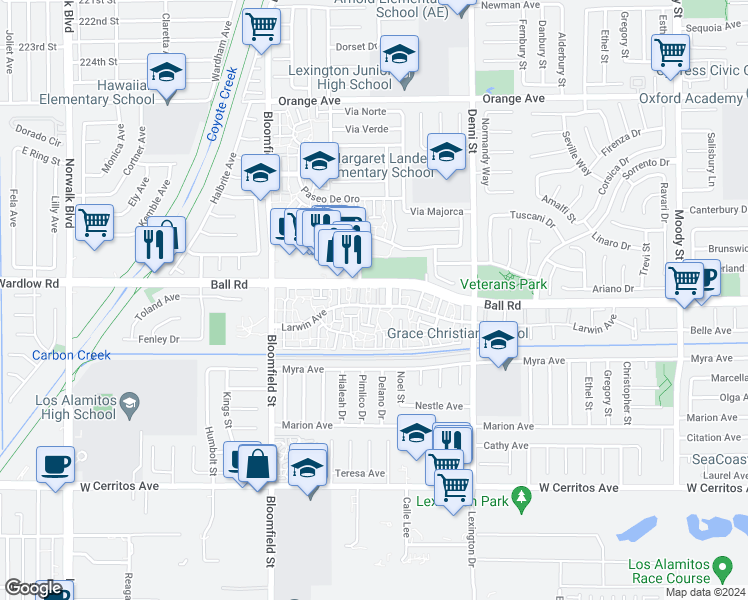 map of restaurants, bars, coffee shops, grocery stores, and more near 4247 Larwin Avenue in Cypress