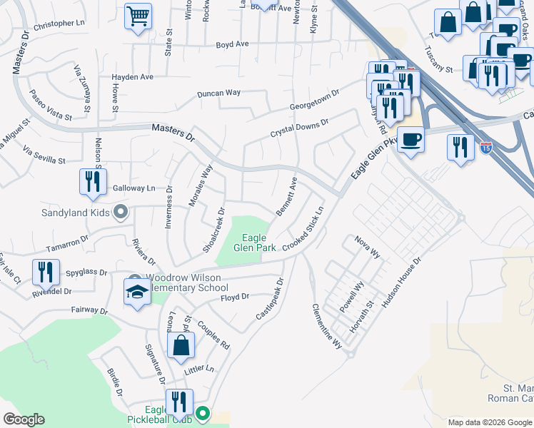 map of restaurants, bars, coffee shops, grocery stores, and more near 1973 Olympia Fields Drive in Corona
