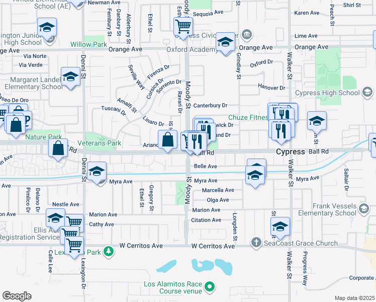 map of restaurants, bars, coffee shops, grocery stores, and more near Ball Road & Moody Street in Cypress