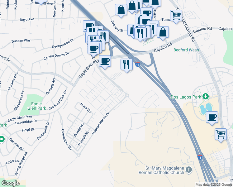 map of restaurants, bars, coffee shops, grocery stores, and more near Sprout Lane in Corona