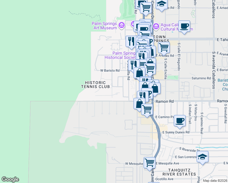 map of restaurants, bars, coffee shops, grocery stores, and more near 395 South Patencio Road in Palm Springs