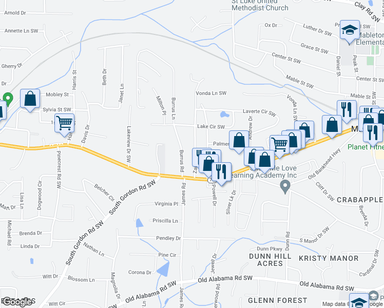 map of restaurants, bars, coffee shops, grocery stores, and more near 5620-A-B Zanola Drive Southwest in Mableton