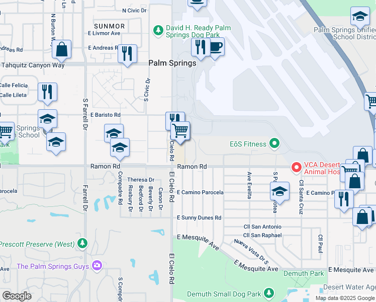 map of restaurants, bars, coffee shops, grocery stores, and more near 440 El Cielo Road in Palm Springs