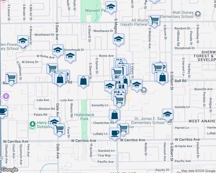 map of restaurants, bars, coffee shops, grocery stores, and more near in Anaheim