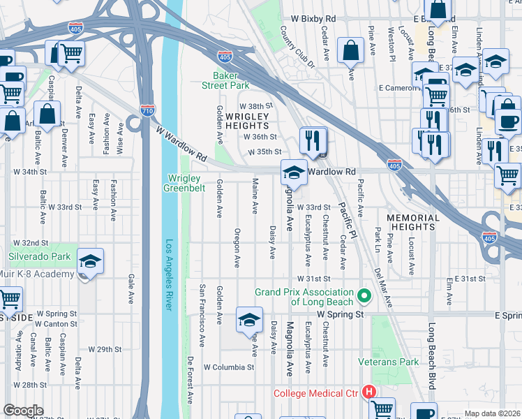 map of restaurants, bars, coffee shops, grocery stores, and more near 3312 Maine Avenue in Long Beach