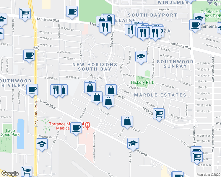 map of restaurants, bars, coffee shops, grocery stores, and more near 2947 West 234th Street in Torrance