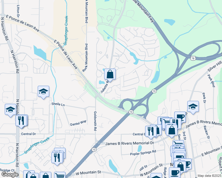 map of restaurants, bars, coffee shops, grocery stores, and more near 1311 Stone Mill Way in Stone Mountain