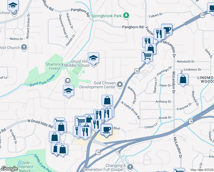 map of restaurants, bars, coffee shops, grocery stores, and more near 2394 Lawrenceville Highway in Decatur