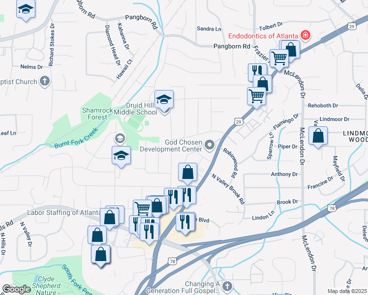 map of restaurants, bars, coffee shops, grocery stores, and more near 2873 Harcourt Drive in Decatur