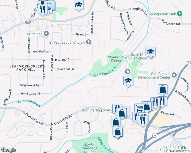 map of restaurants, bars, coffee shops, grocery stores, and more near 2550 Laurel Ridge Drive in Decatur