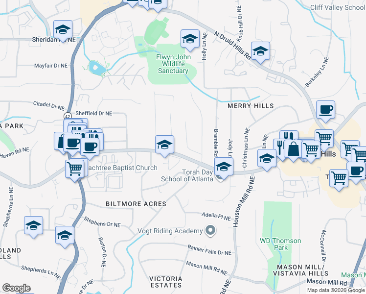map of restaurants, bars, coffee shops, grocery stores, and more near 1280 Kittredge Court Northeast in Atlanta
