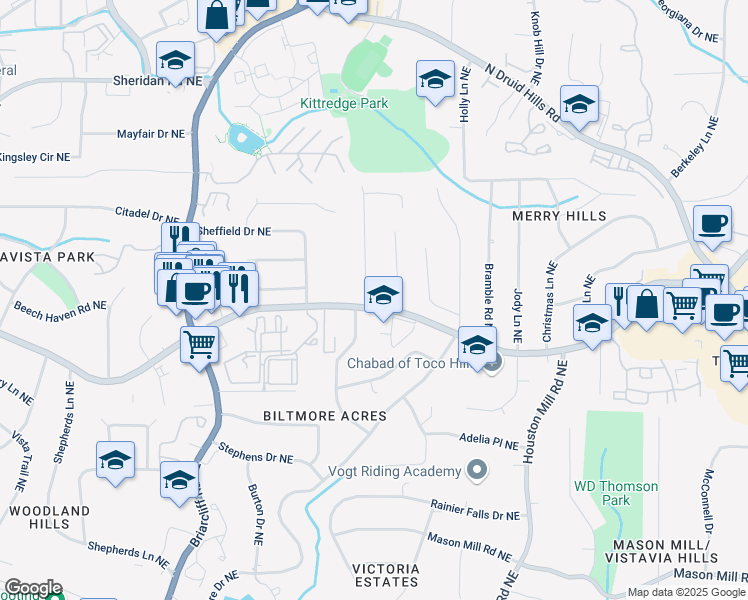 map of restaurants, bars, coffee shops, grocery stores, and more near 1277 Carolyn Drive Northeast in Atlanta
