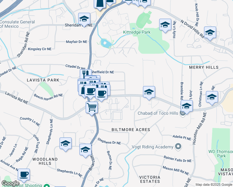 map of restaurants, bars, coffee shops, grocery stores, and more near 1425 Dalewood Drive Northeast in Atlanta