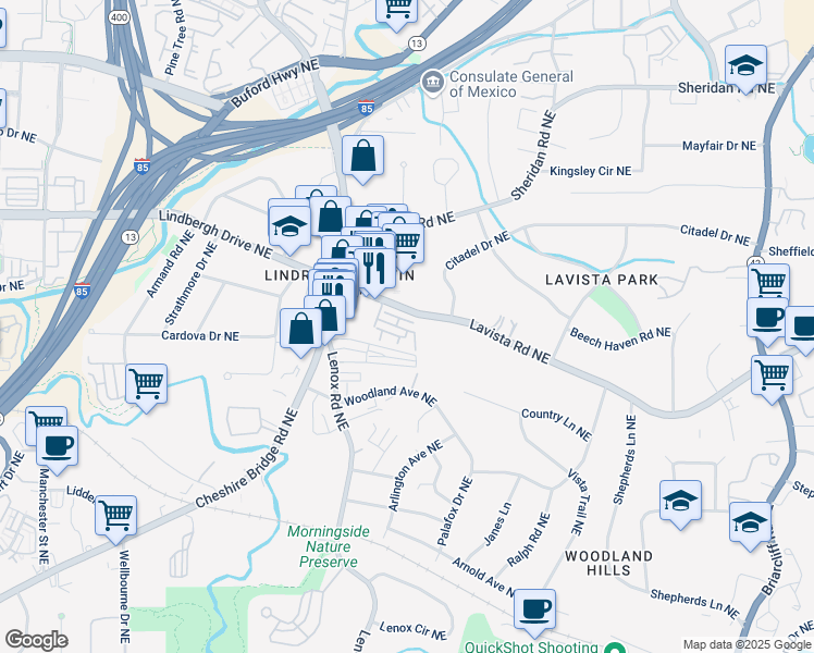 map of restaurants, bars, coffee shops, grocery stores, and more near 1222 Lavista Circle Northeast in Atlanta