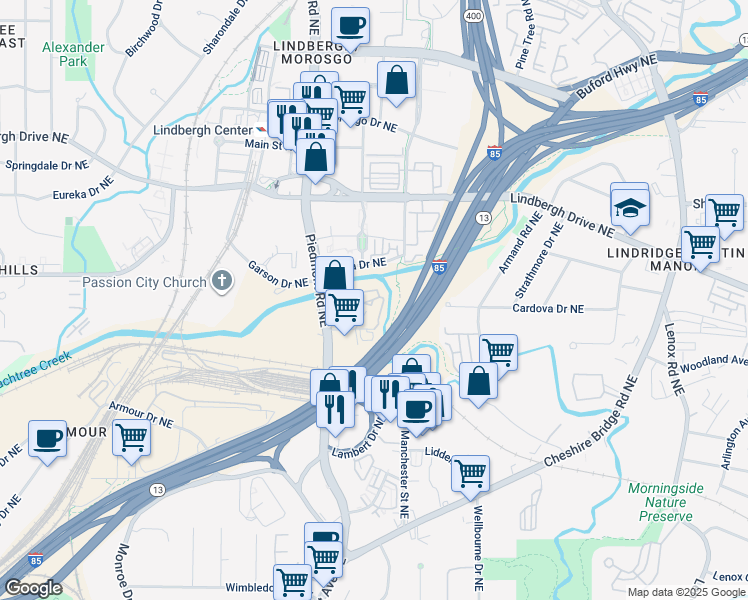 map of restaurants, bars, coffee shops, grocery stores, and more near 124 Lakeshore Drive Northeast in Atlanta