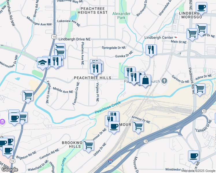 map of restaurants, bars, coffee shops, grocery stores, and more near 237 Peachtree Hills Avenue Northeast in Atlanta