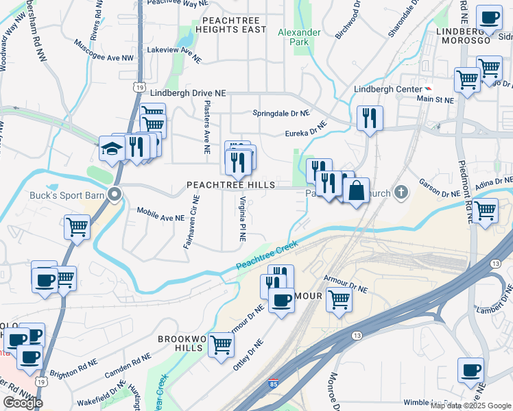 map of restaurants, bars, coffee shops, grocery stores, and more near 237 Peachtree Hills Avenue Northeast in Atlanta