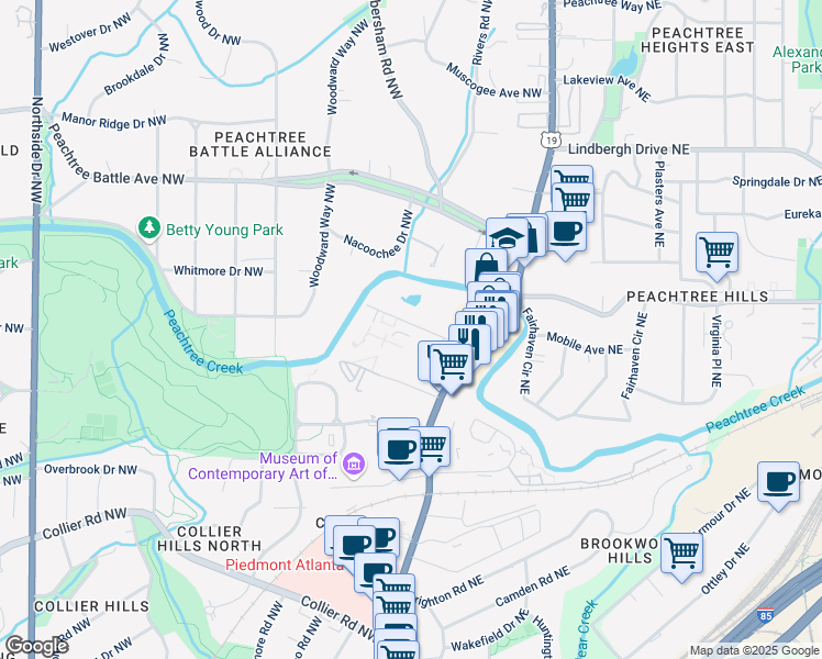 map of restaurants, bars, coffee shops, grocery stores, and more near 99 Peachtree Memorial Drive Northwest in Atlanta
