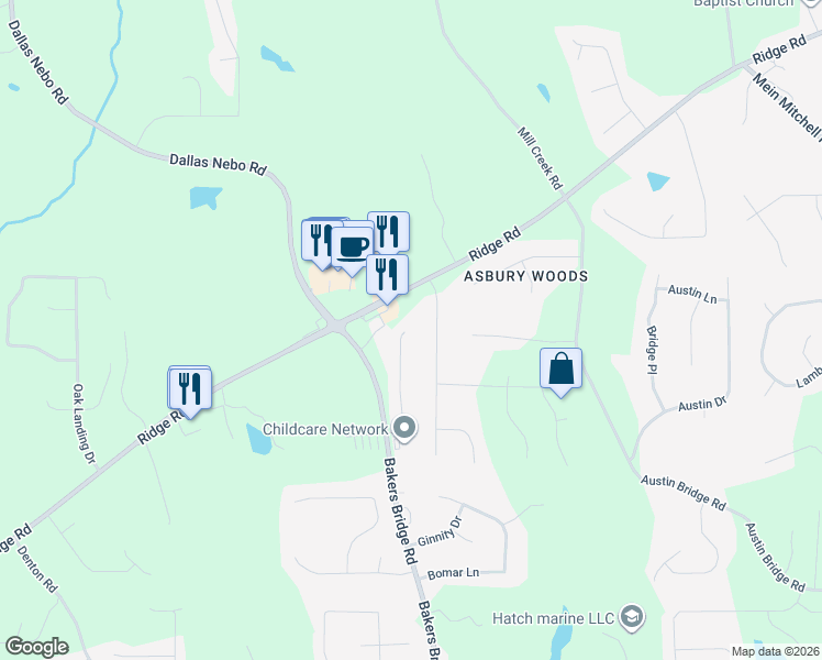 map of restaurants, bars, coffee shops, grocery stores, and more near 262 Charity Drive in Douglasville