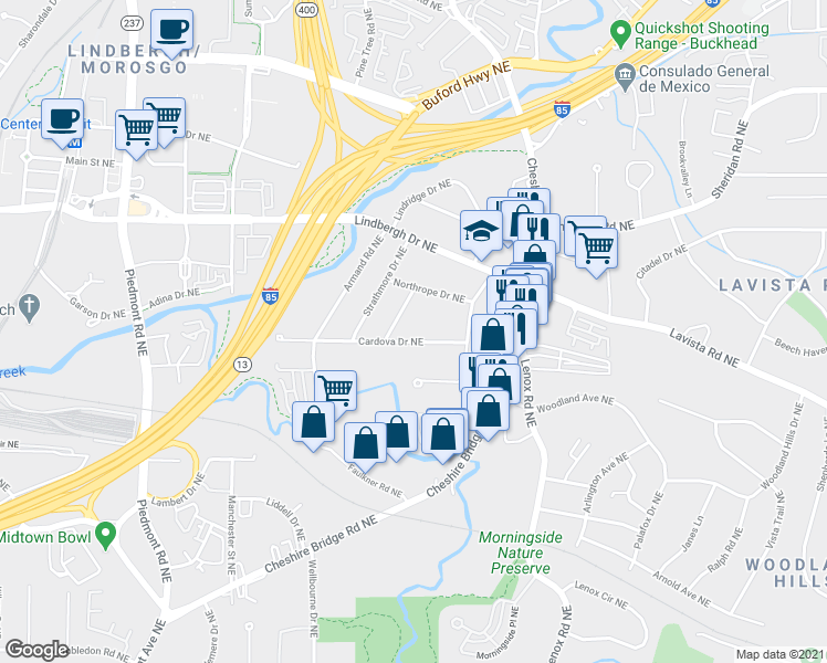 map of restaurants, bars, coffee shops, grocery stores, and more near 962 Cardova Dr NE in Atlanta