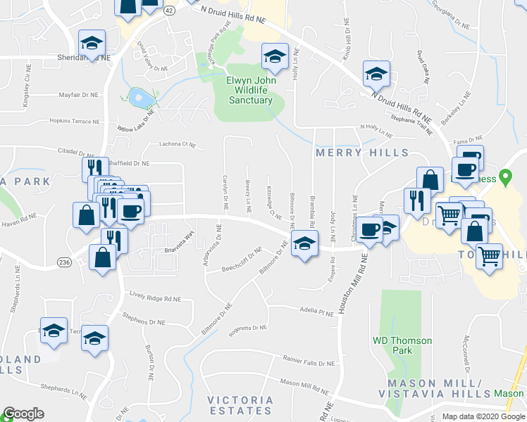 map of restaurants, bars, coffee shops, grocery stores, and more near 1280 Kittredge Court Northeast in Atlanta