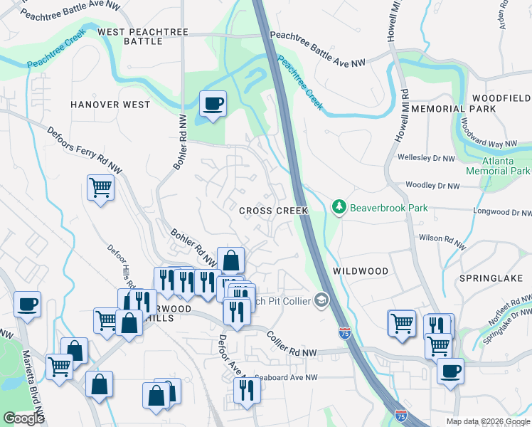 map of restaurants, bars, coffee shops, grocery stores, and more near 25 La Rue Place Northwest in Atlanta