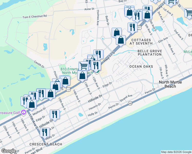 map of restaurants, bars, coffee shops, grocery stores, and more near 1175 Highway 17 South in North Myrtle Beach