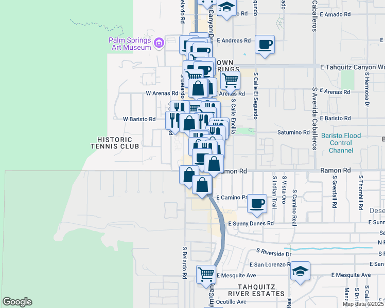 map of restaurants, bars, coffee shops, grocery stores, and more near 415 South Palm Canyon Drive in Palm Springs