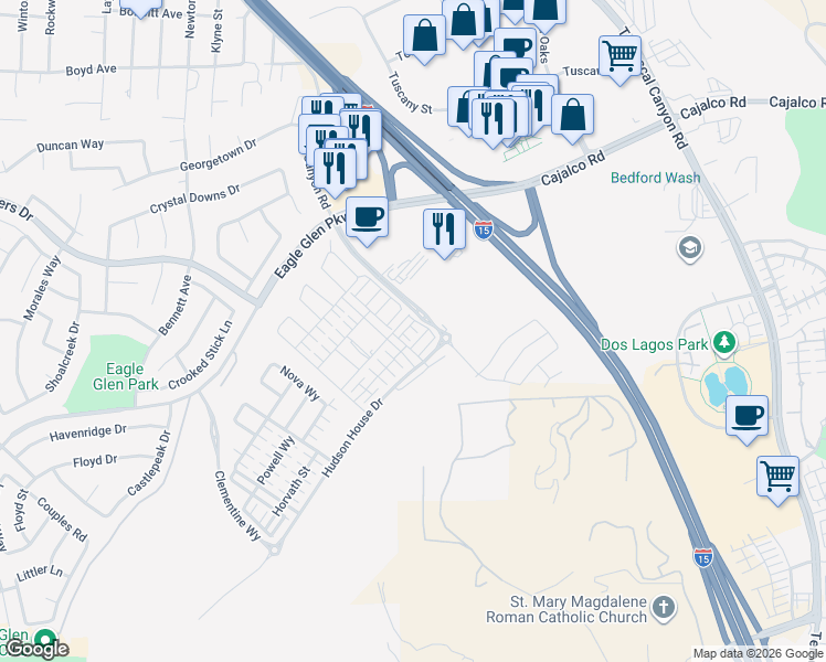 map of restaurants, bars, coffee shops, grocery stores, and more near 2549 Sprout Lane in Corona