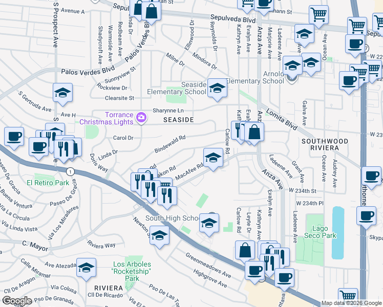 map of restaurants, bars, coffee shops, grocery stores, and more near 4805 Zakon Road in Torrance