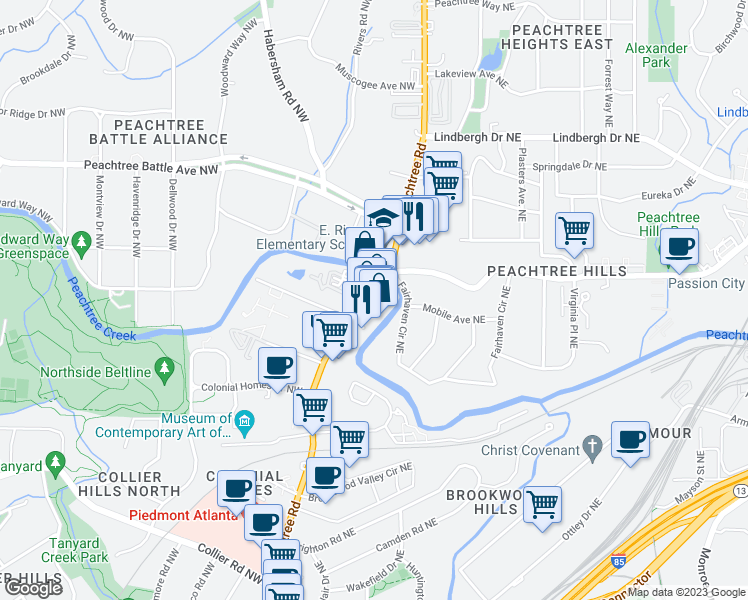 map of restaurants, bars, coffee shops, grocery stores, and more near 2285 Peachtree Rd in Atlanta