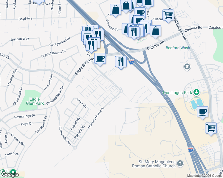 map of restaurants, bars, coffee shops, grocery stores, and more near 2549 Sprout Lane in Corona