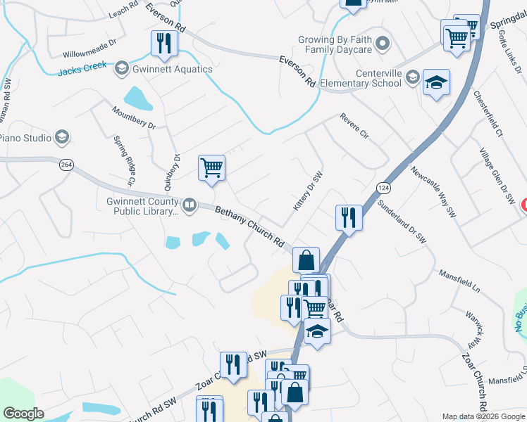 map of restaurants, bars, coffee shops, grocery stores, and more near 3845 Fryeburg Lane in Snellville