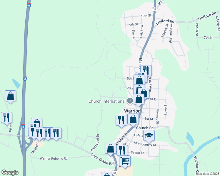map of restaurants, bars, coffee shops, grocery stores, and more near 313 Sawyer Drive in Warrior