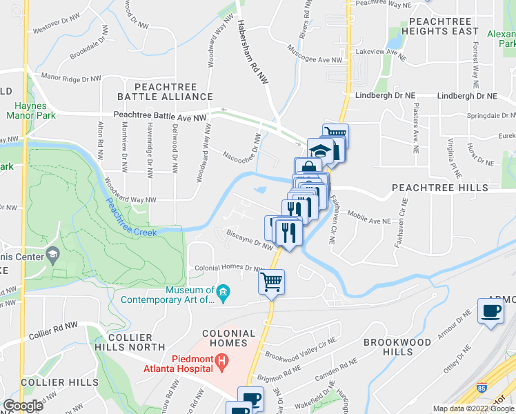 map of restaurants, bars, coffee shops, grocery stores, and more near 88 Peachtree Memorial Drive Northwest in Atlanta