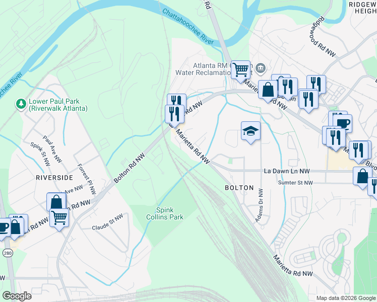 map of restaurants, bars, coffee shops, grocery stores, and more near 2268 Marietta Road Northwest in Atlanta