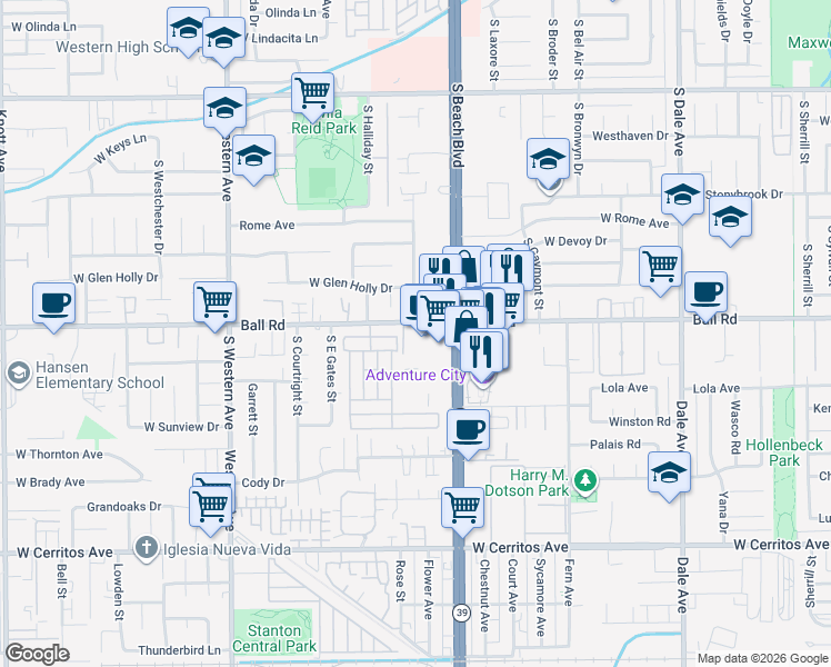 map of restaurants, bars, coffee shops, grocery stores, and more near 3028 West Ball Road in Anaheim