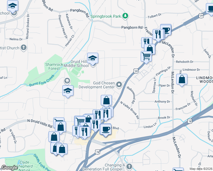 map of restaurants, bars, coffee shops, grocery stores, and more near 2394 Lawrenceville Highway in Decatur