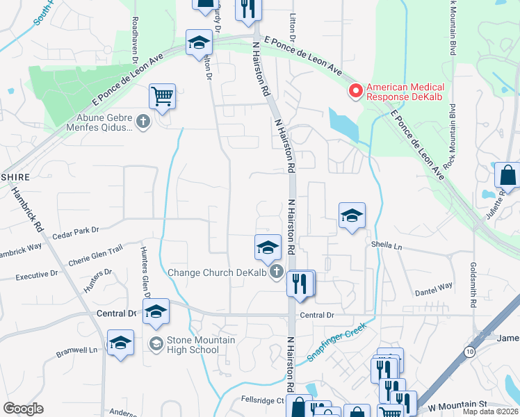 map of restaurants, bars, coffee shops, grocery stores, and more near 1314 Old Countryside Circle West in Stone Mountain