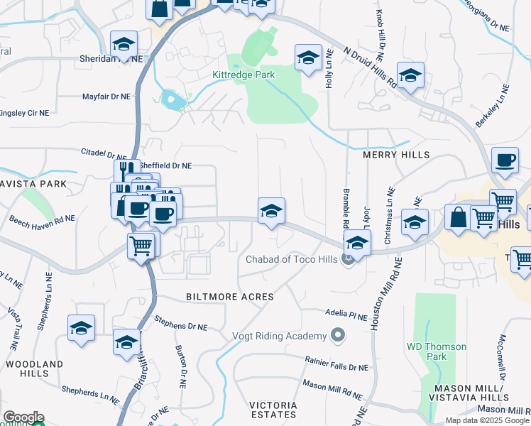 map of restaurants, bars, coffee shops, grocery stores, and more near 1277 Carolyn Drive Northeast in Atlanta