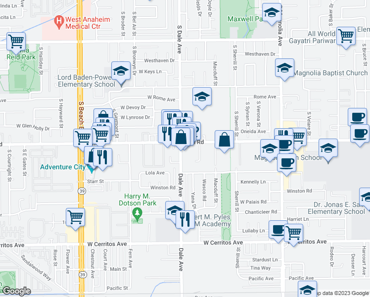 map of restaurants, bars, coffee shops, grocery stores, and more near in Anaheim