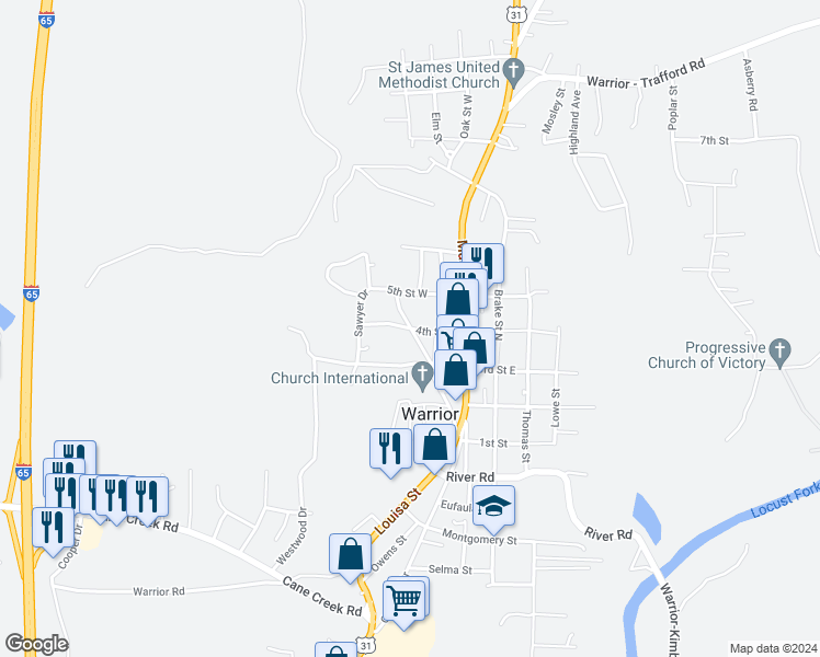 map of restaurants, bars, coffee shops, grocery stores, and more near 210 4th Street West in Warrior