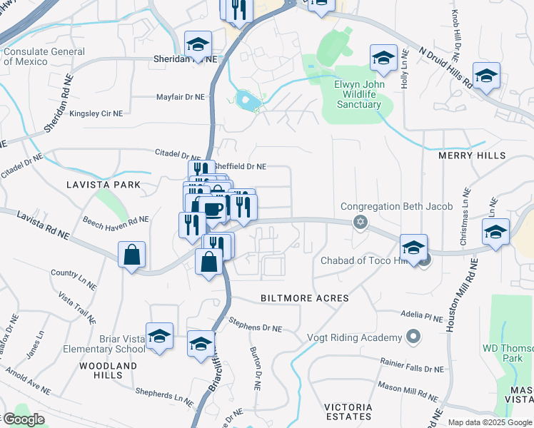 map of restaurants, bars, coffee shops, grocery stores, and more near 1415 Dalewood Drive Northeast in Atlanta