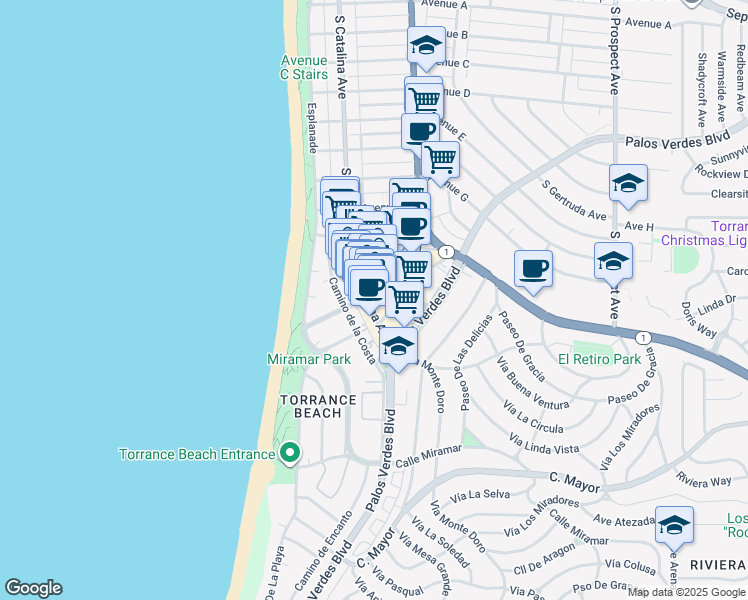 map of restaurants, bars, coffee shops, grocery stores, and more near 1728 South Catalina Avenue in Redondo Beach