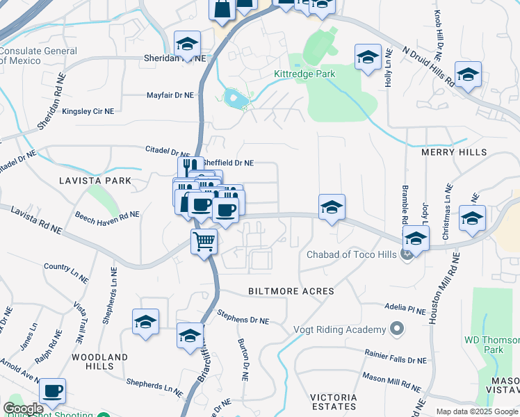 map of restaurants, bars, coffee shops, grocery stores, and more near 1425 Dalewood Drive Northeast in Atlanta