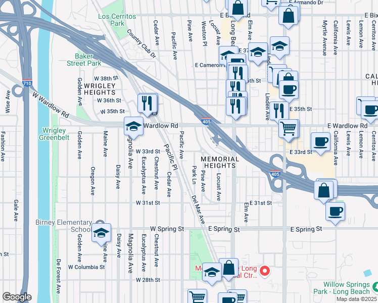 map of restaurants, bars, coffee shops, grocery stores, and more near 147 West 33rd Street in Long Beach