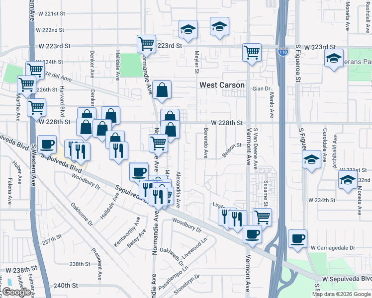 map of restaurants, bars, coffee shops, grocery stores, and more near 1129 Dahlia Way in Torrance